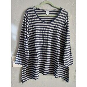 Sunday Top Blouse  2X,Striped,3/4 Sleeve,Polyester,Cotton,Spandex,22 Inch Of Arm